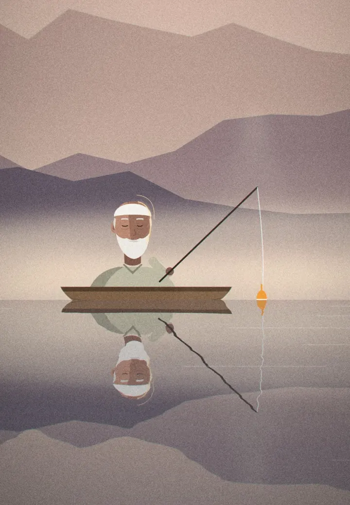 An old fisherman waits calmly in a small boat on a misty lake at sunrise